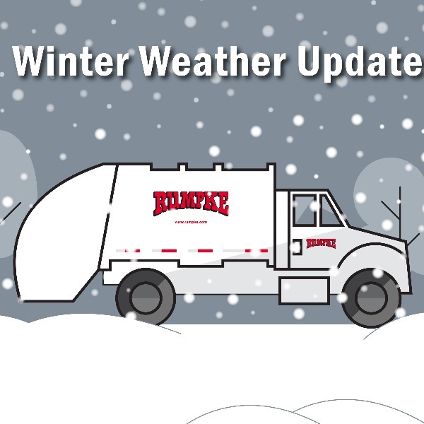 Rumpke garbage truck on winter scene with text winter weather update