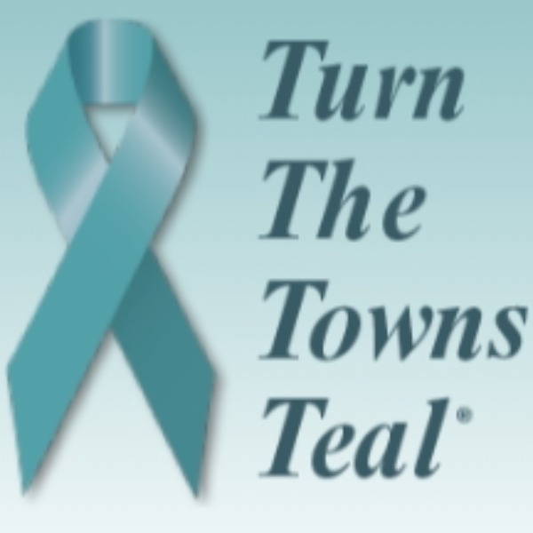 teal cancer ribbon with Turn the Towns Teal wording