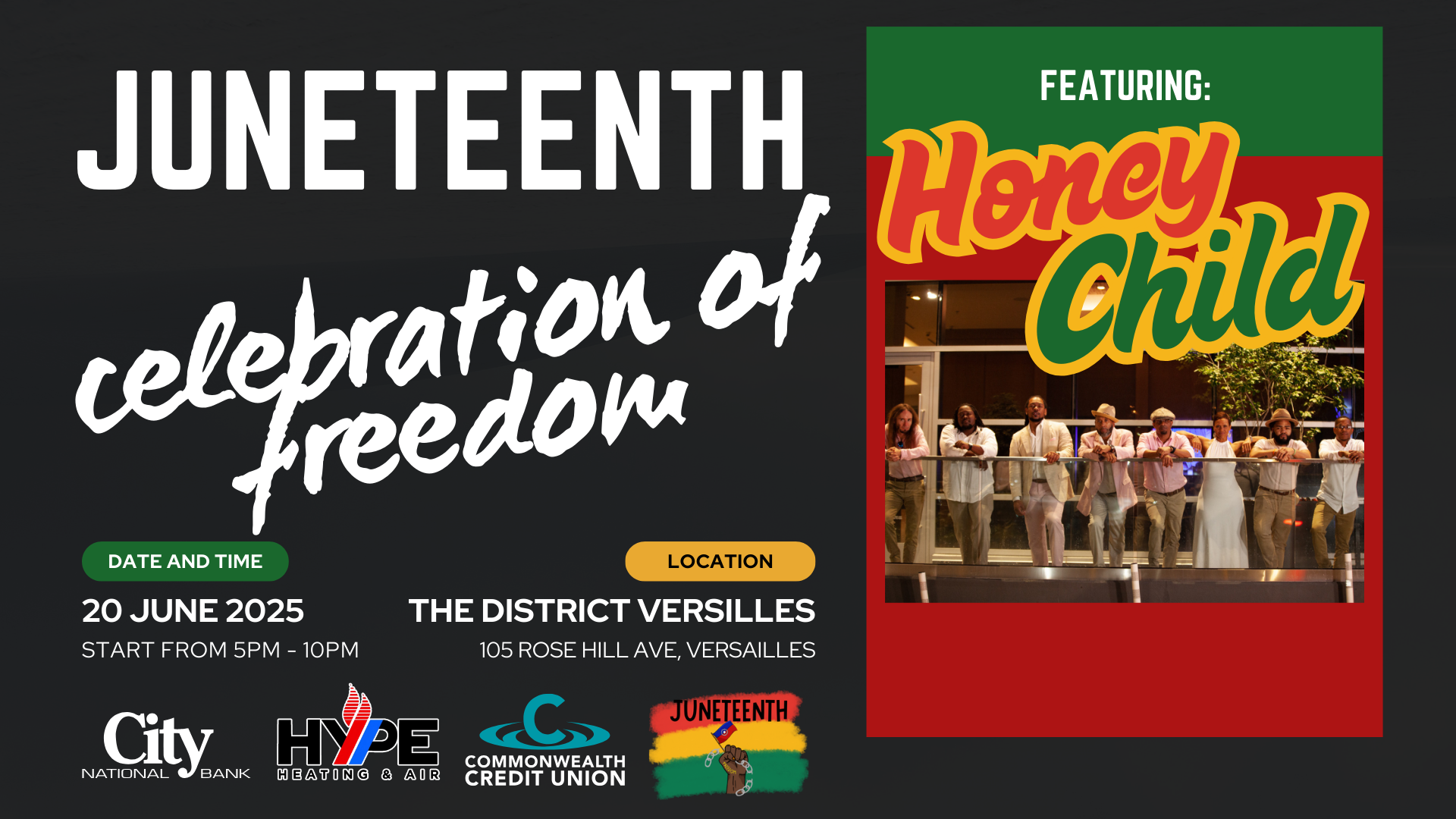 Juneteenth, Celebration of Freedom, June 20th, 2025, from 6pm - 10pm, The District Versailles, 105 Rose Hill Ave, Versailles, Kentucky 40383